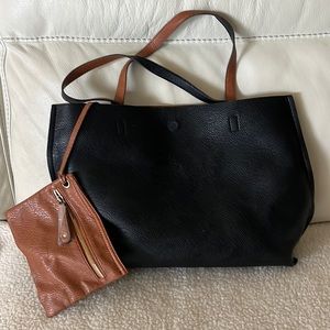 Street Level reversible black and brown faux leather tote w/ detachable wristlet